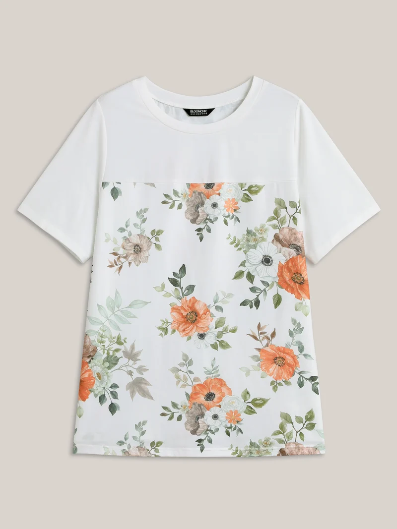 Floral Print Spliced Stretchy T-Shirt