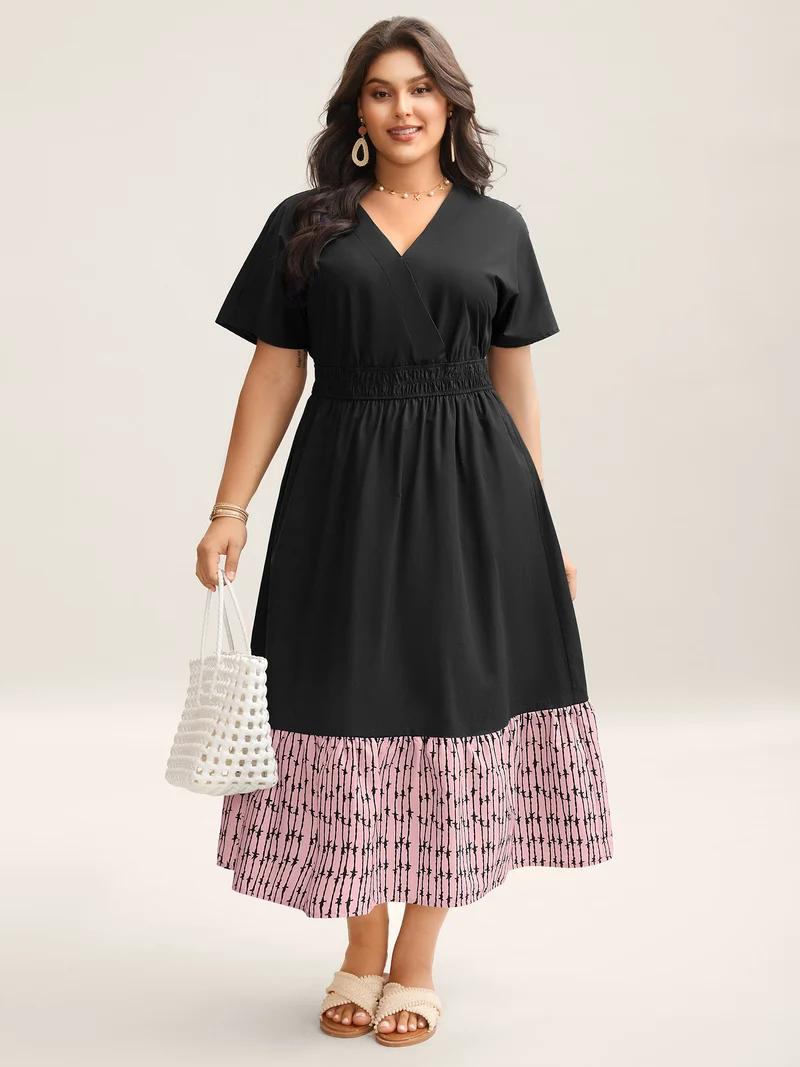 Cotton Color Block Cinched-Waist Spliced Maxi Dress
