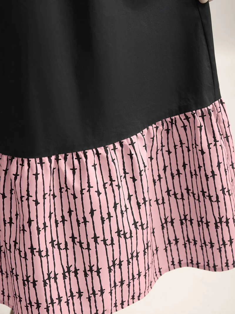 Cotton Color Block Cinched-Waist Spliced Maxi Dress