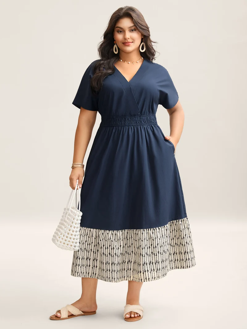Cotton Color Block Cinched-Waist Spliced Maxi Dress
