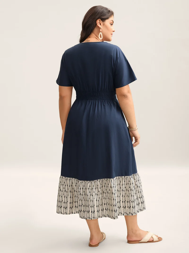 Cotton Color Block Cinched-Waist Spliced Maxi Dress