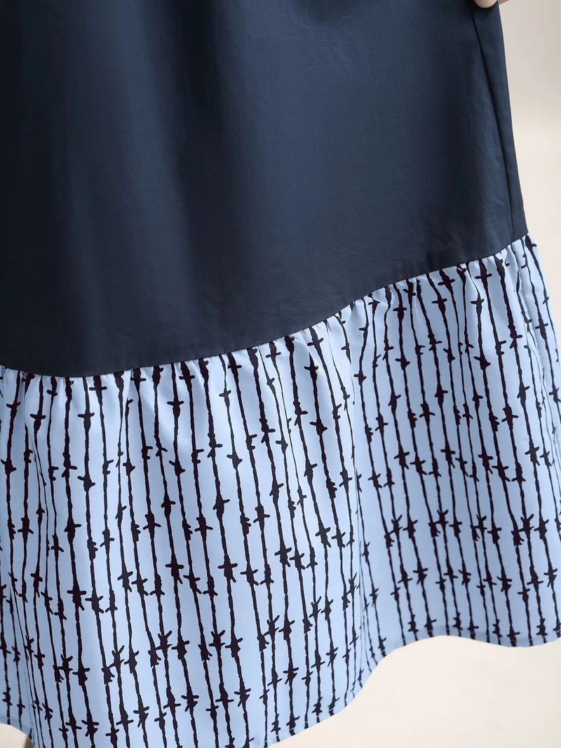 Cotton Color Block Cinched-Waist Spliced Maxi Dress