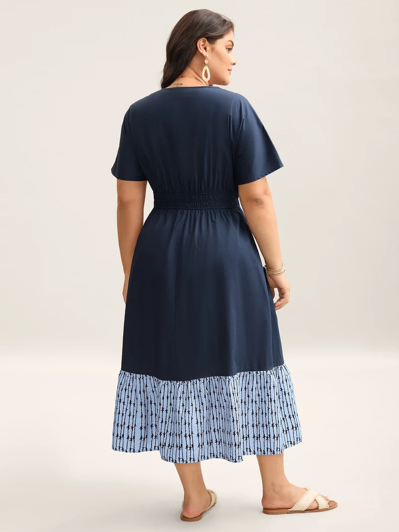 Cotton Color Block Cinched-Waist Spliced Maxi Dress