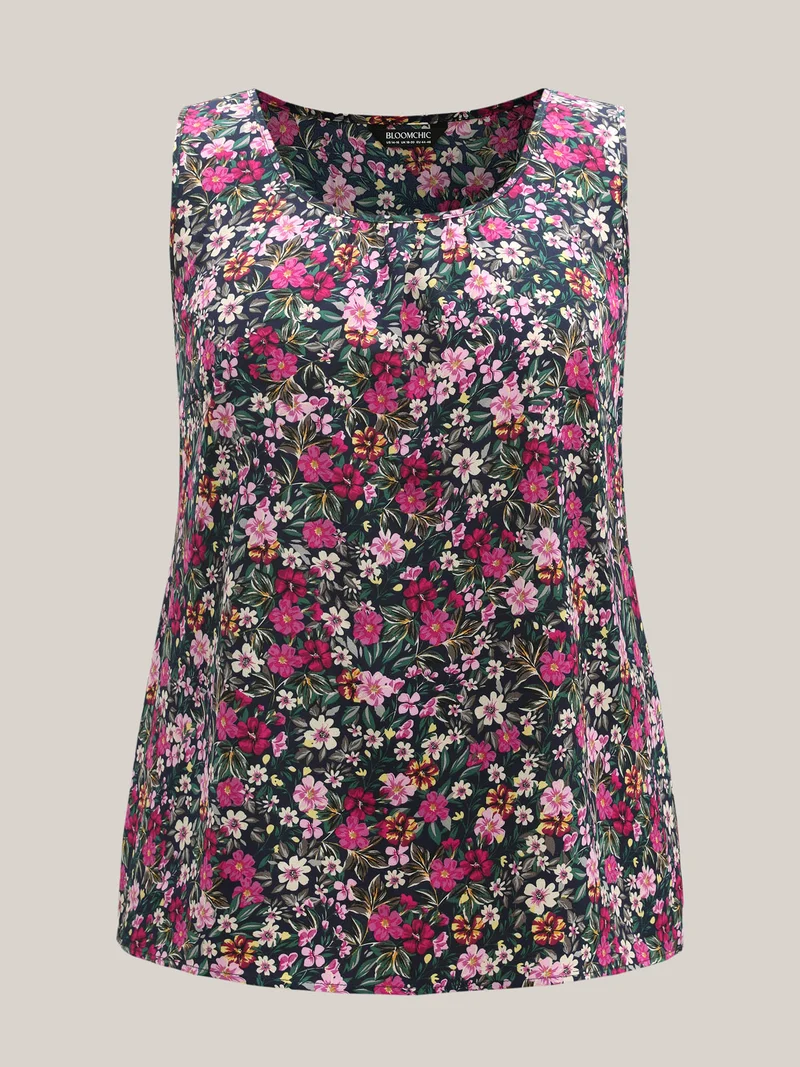 Floral Print Pleated Neck Tank Top