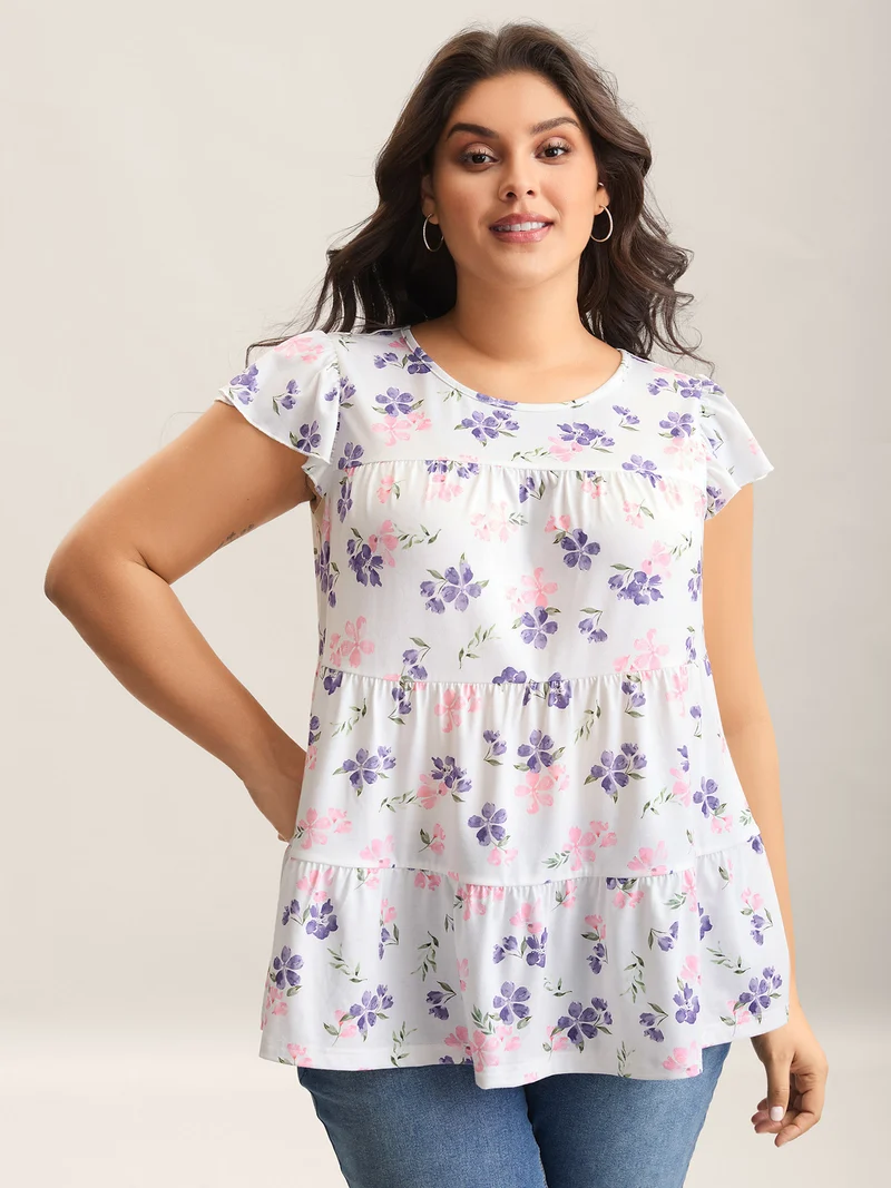 Floral Print Flutter Sleeve Layered T-Shirt
