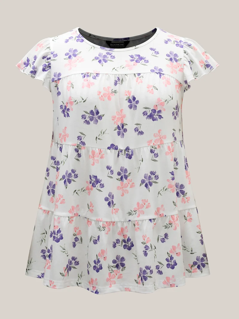 Floral Print Flutter Sleeve Layered T-Shirt