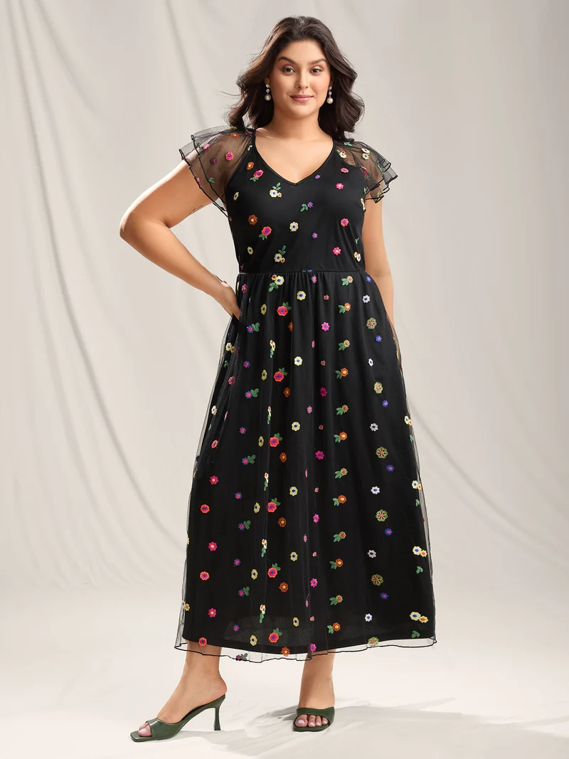 Embroidered Colorful Dots Lined Midi Dress