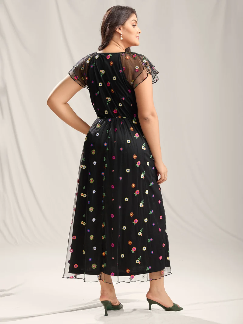 Embroidered Colorful Dots Lined Midi Dress
