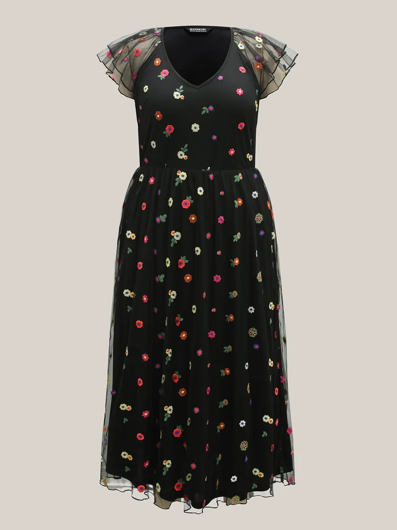Embroidered Colorful Dots Lined Midi Dress