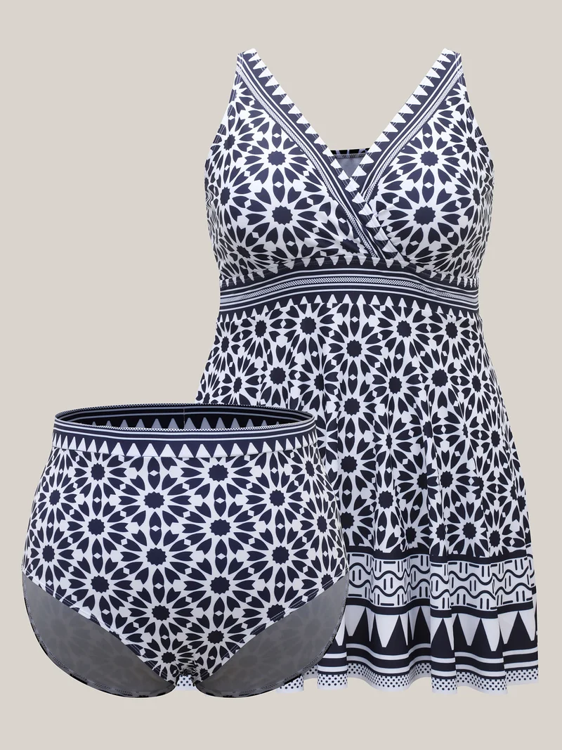 Geometric Print Surplice Neck Swim Dress