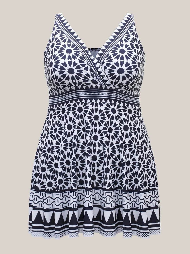 Geometric Print Surplice Neck Swim Dress