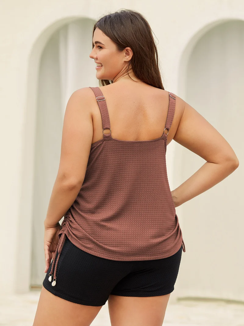 Textured Side Drawstrings U-Neck Swim Top