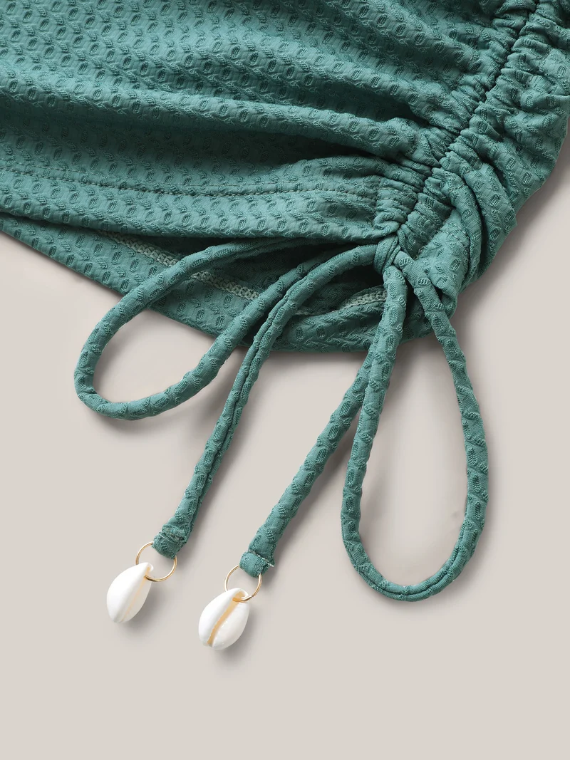 Textured Side Drawstrings U-Neck Swim Top