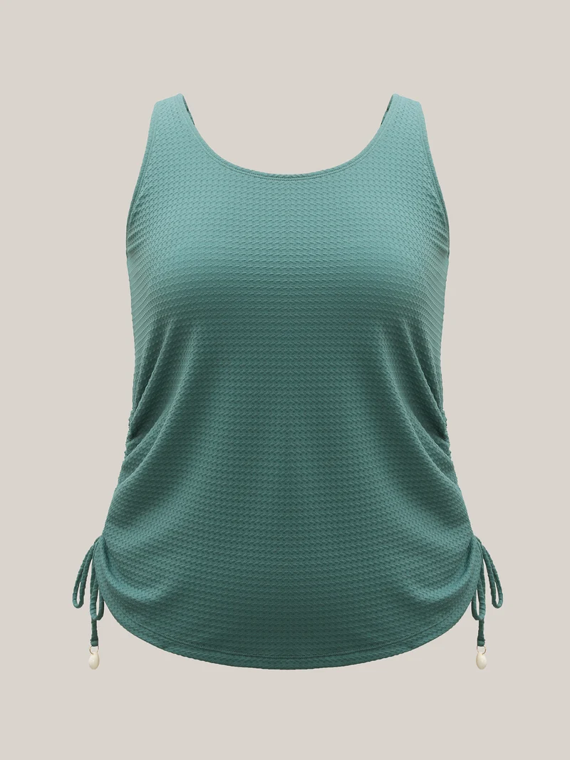 Textured Side Drawstrings U-Neck Swim Top