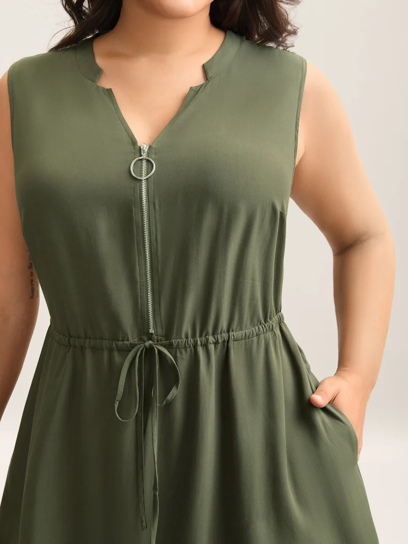 Rayon Zipper Front Waist-Tie Midi Dress