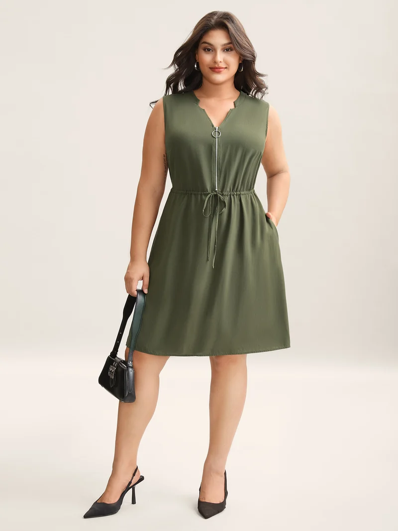 Rayon Zipper Front Waist-Tie Midi Dress