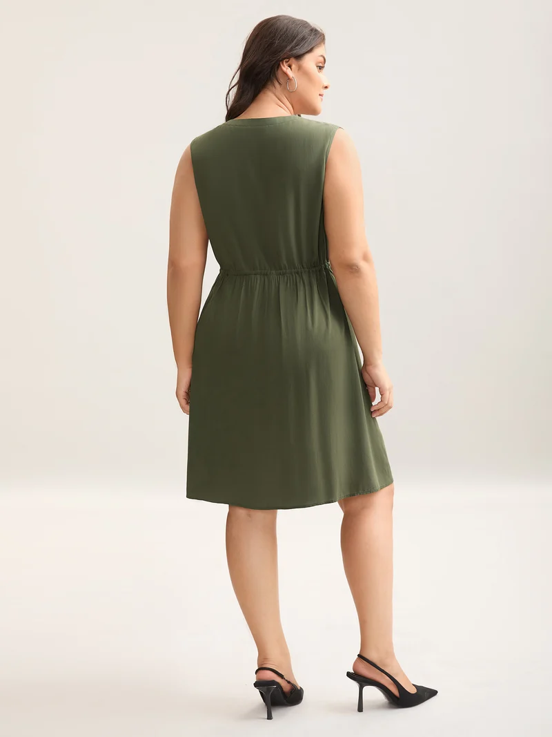 Rayon Zipper Front Waist-Tie Midi Dress