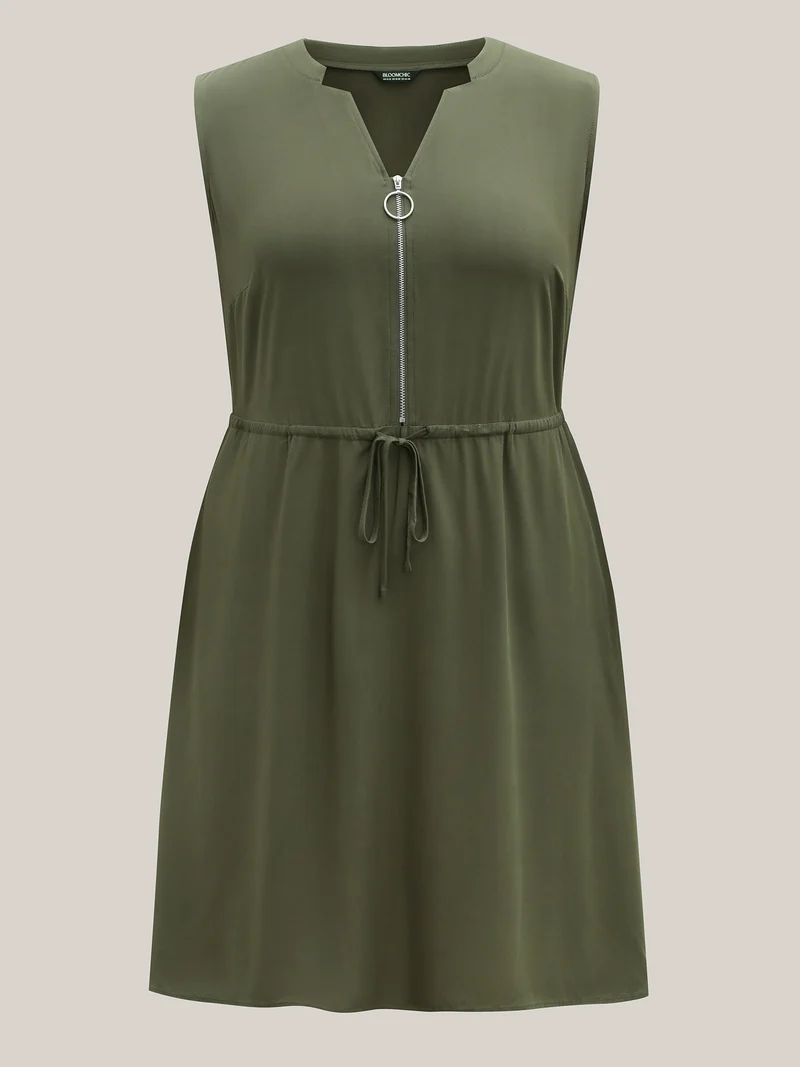Rayon Zipper Front Waist-Tie Midi Dress