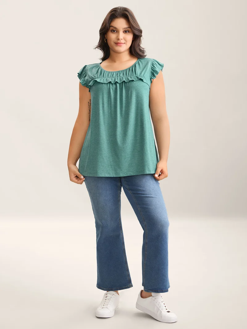 Pleated Neckline Flutter Sleeve Tank Top