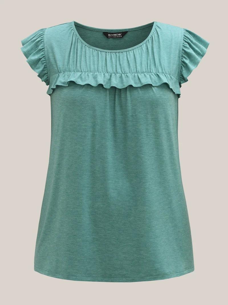 Pleated Neckline Flutter Sleeve Tank Top