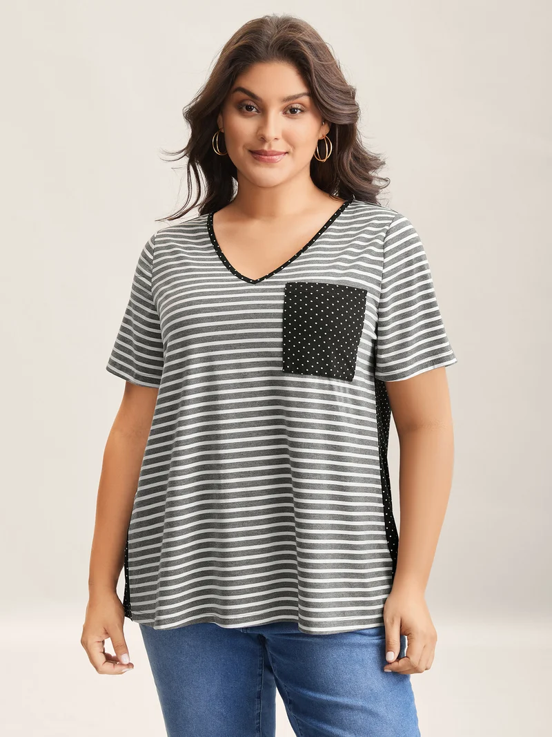 Striped Polka Dots Print Pockets T-Shirt