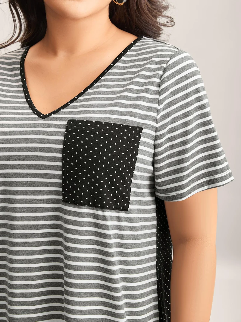 Striped Polka Dots Print Pockets T-Shirt