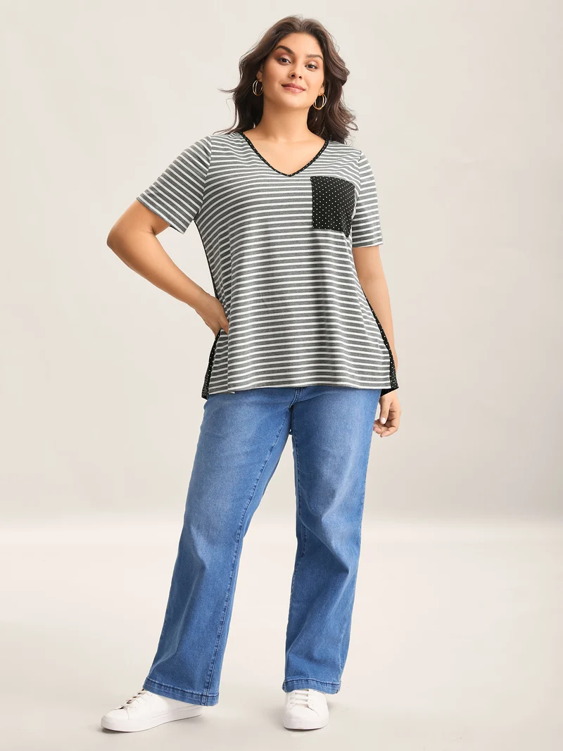Striped Polka Dots Print Pockets T-Shirt