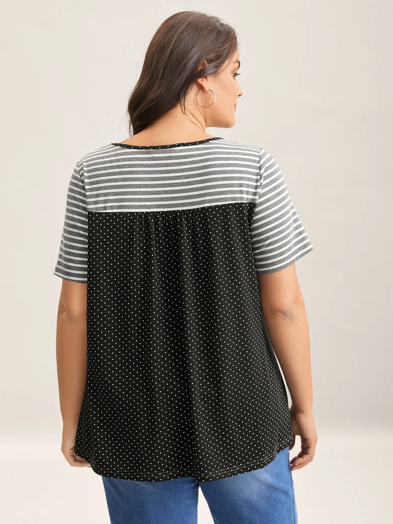 Striped Polka Dots Print Pockets T-Shirt