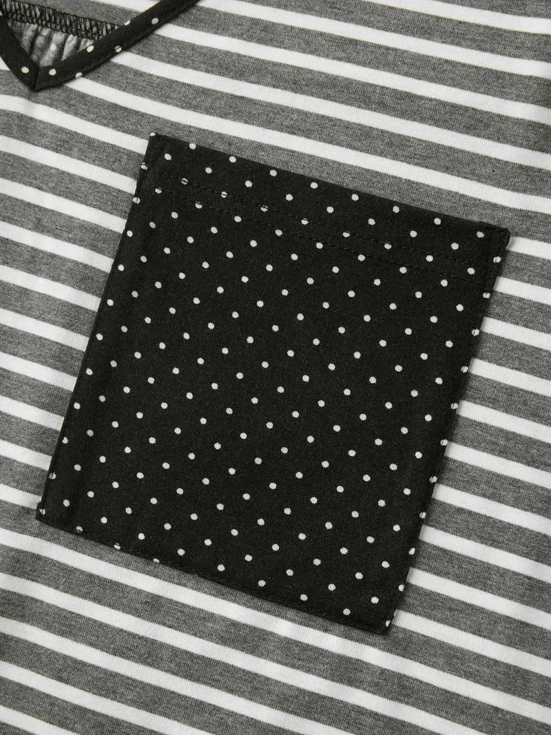 Striped Polka Dots Print Pockets T-Shirt