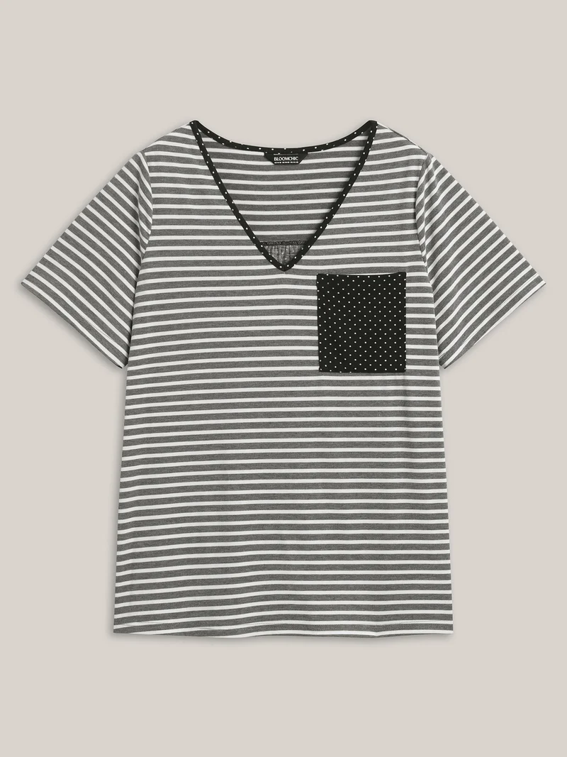 Striped Polka Dots Print Pockets T-Shirt
