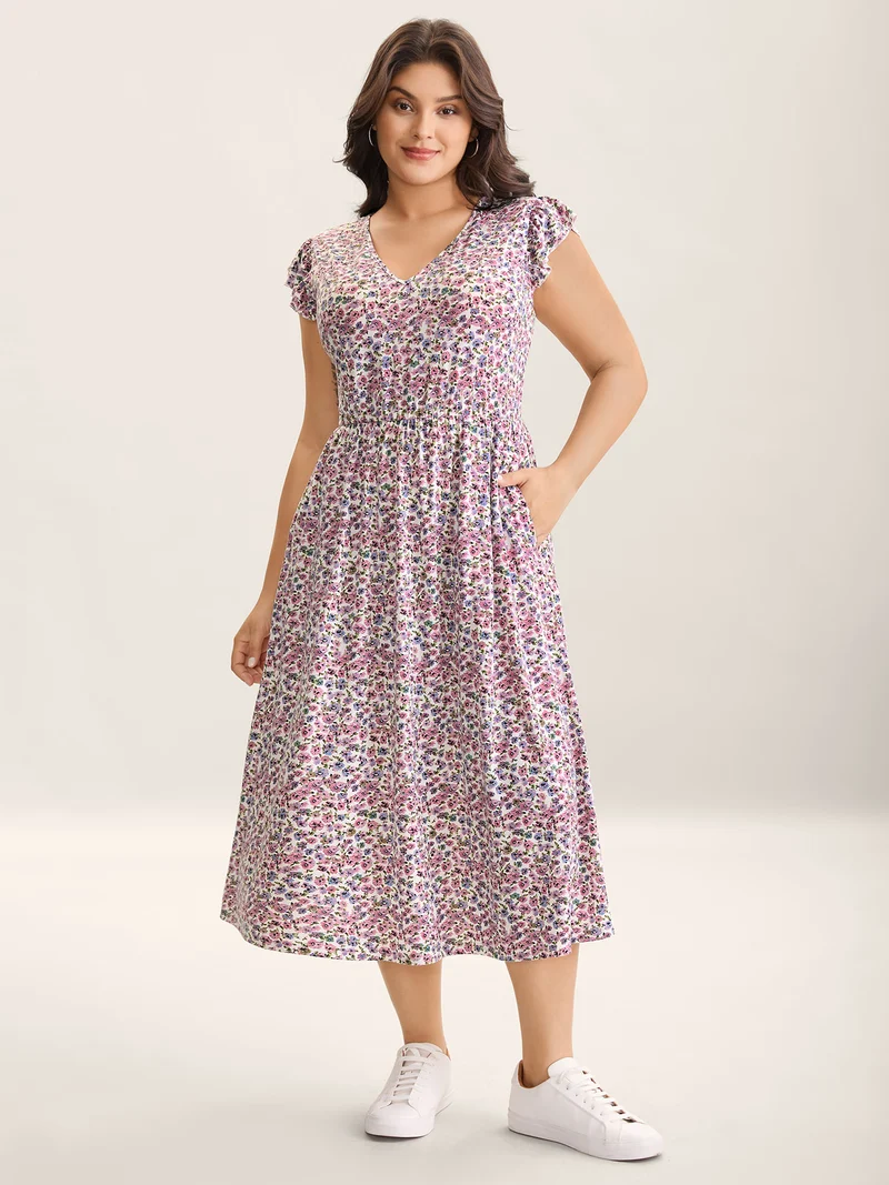 Ditsy Floral Flutter Sleeve Pockets Midi Dress