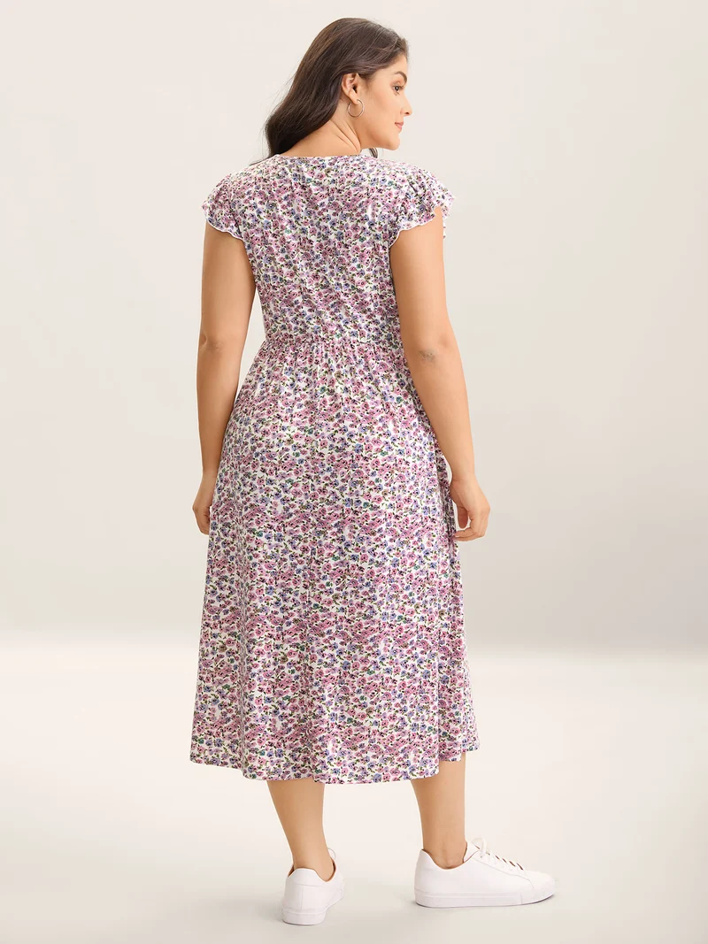 Ditsy Floral Flutter Sleeve Pockets Midi Dress