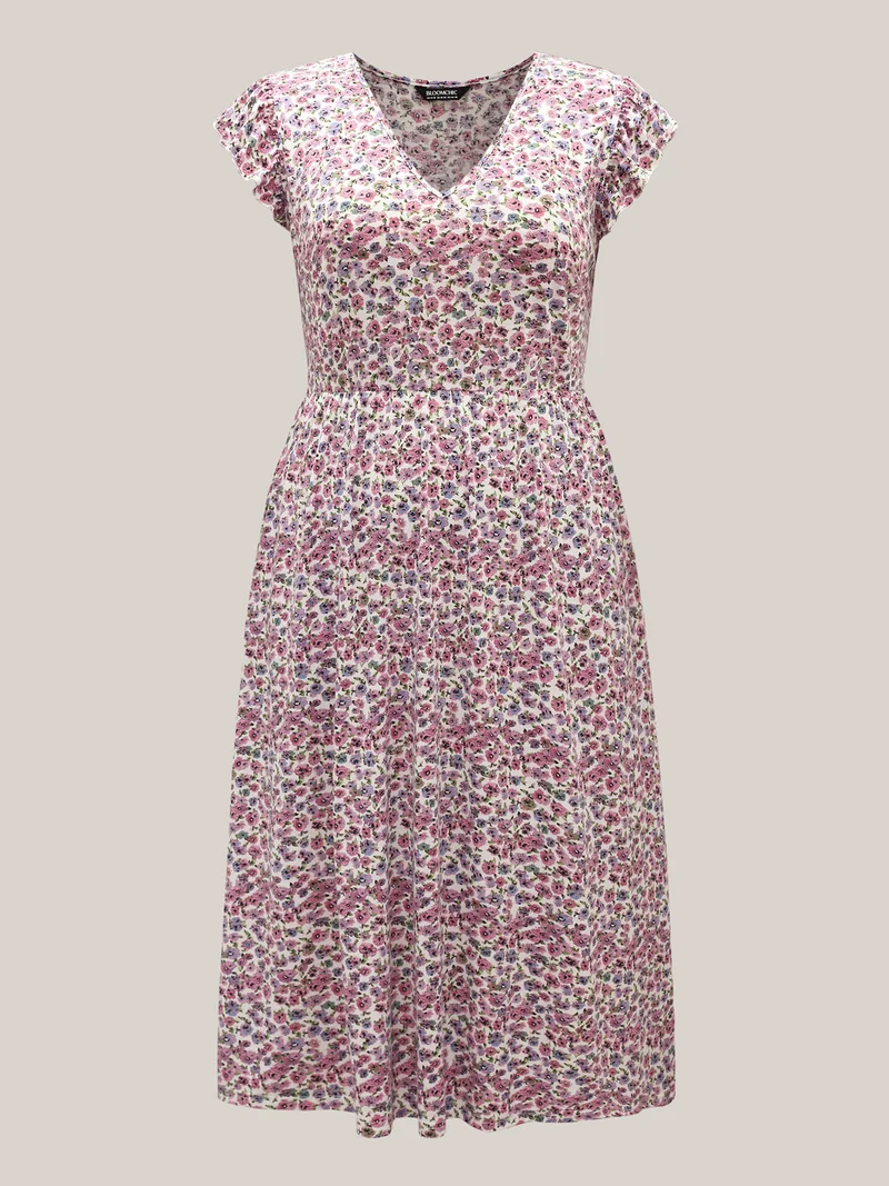 Ditsy Floral Flutter Sleeve Pockets Midi Dress