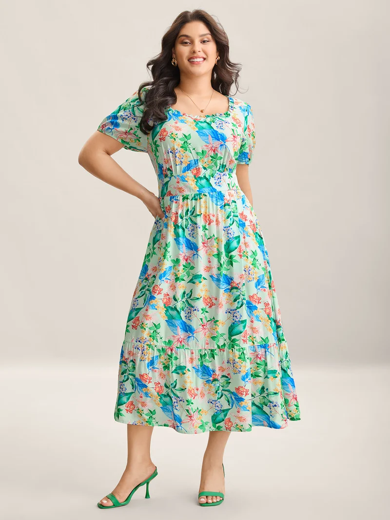 Spring Flowers Printed Pockets Midi Dress