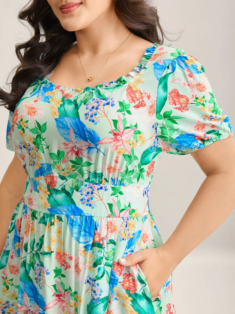 Spring Flowers Printed Pockets Midi Dress
