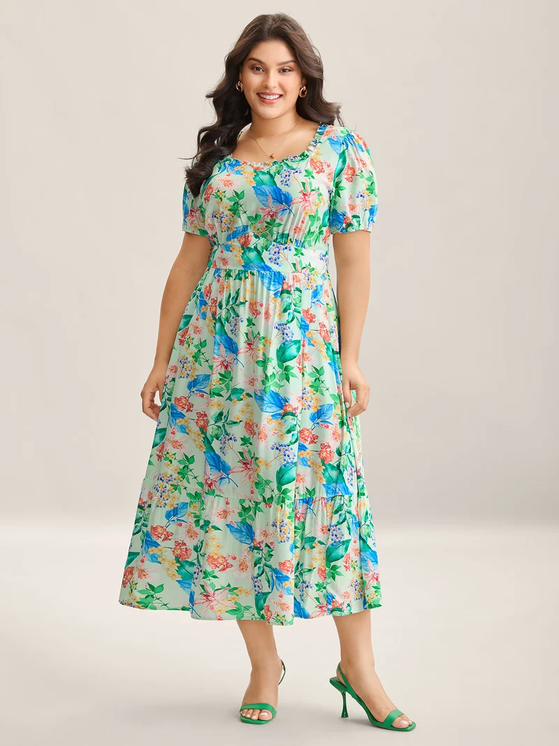 Spring Flowers Printed Pockets Midi Dress