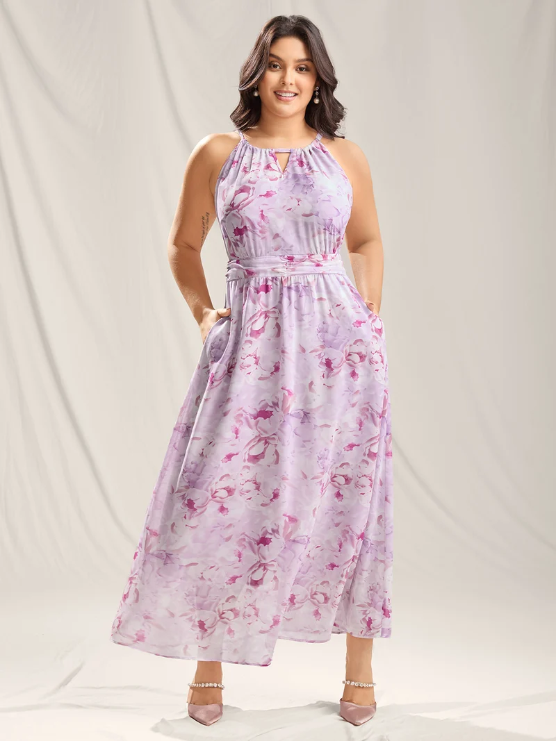 Floral Print Halter Neck Stretchy Midi Dress