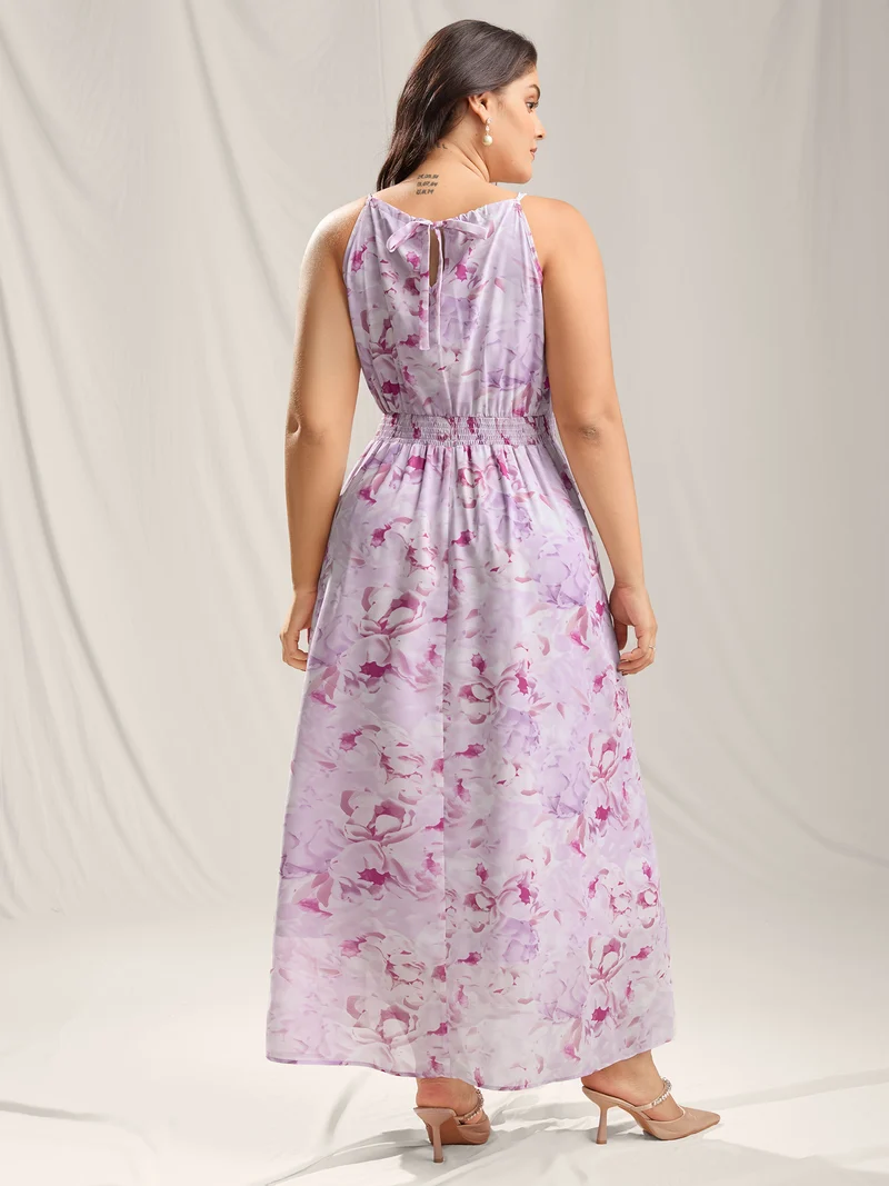 Floral Print Halter Neck Stretchy Midi Dress