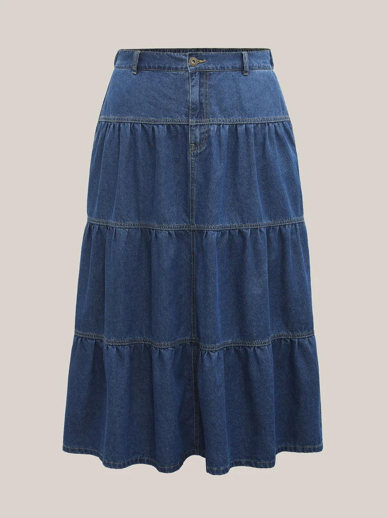Seamed Tiered A-Line Denim Maxi Skirt
