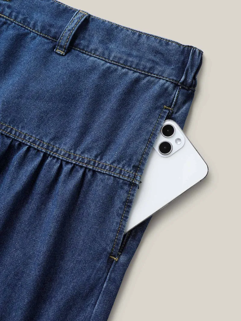 Seamed Tiered A-Line Denim Maxi Skirt