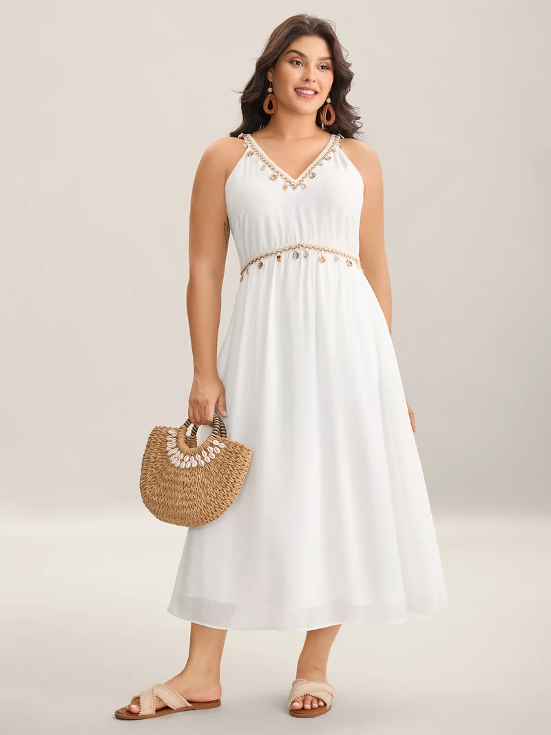 Lace Spliced V-Neck Waist-Cinched Midi Dress