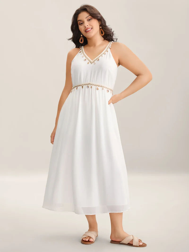 Lace Spliced V-Neck Waist-Cinched Midi Dress