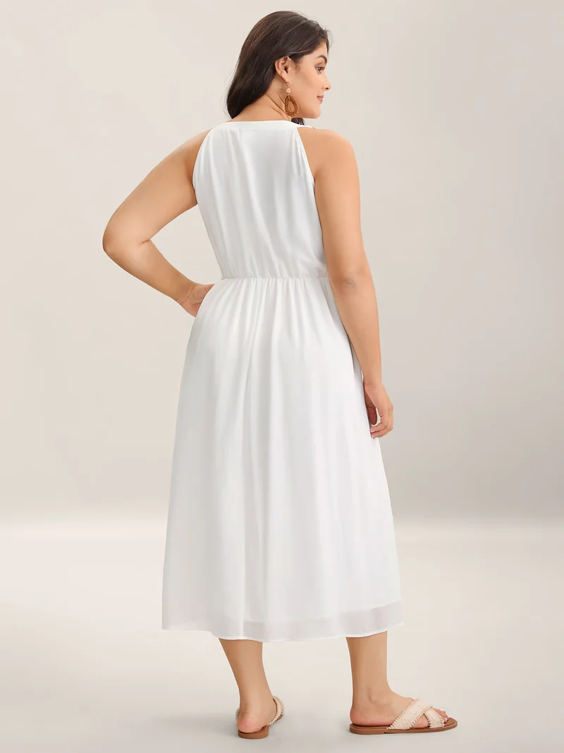 Lace Spliced V-Neck Waist-Cinched Midi Dress