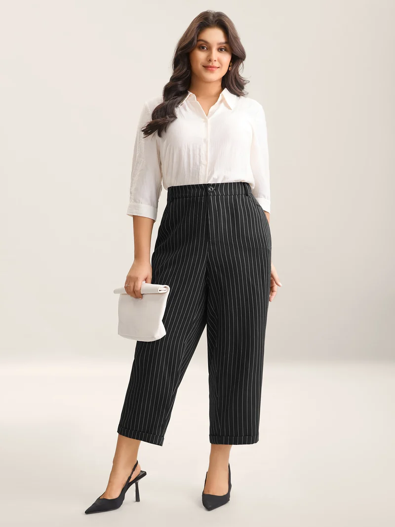 Stripes Print Pockets Straight-Fit Pants