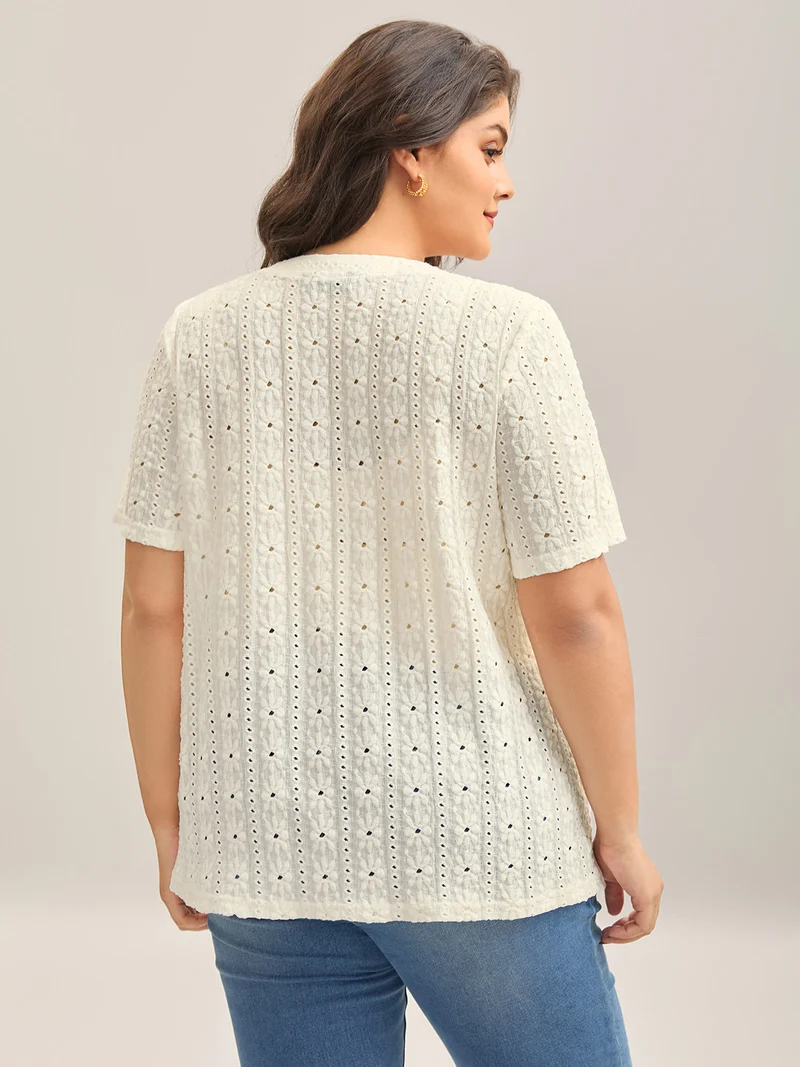 Textured Pleated Split Neck T-Shirt