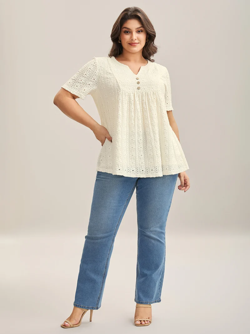 Textured Pleated Split Neck T-Shirt