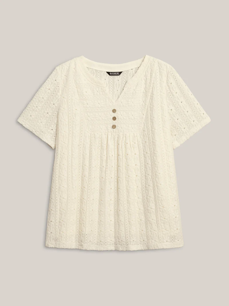 Textured Pleated Split Neck T-Shirt