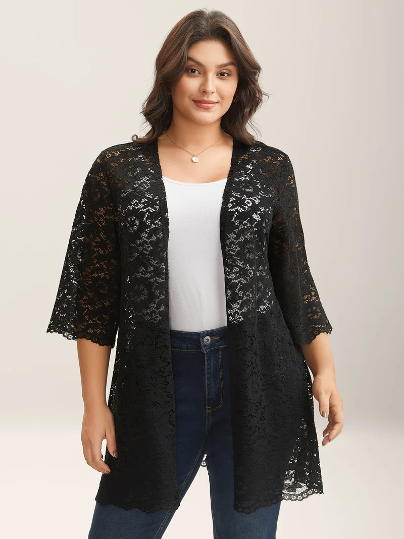 Lace Sheer Scalloped Hem Kimono