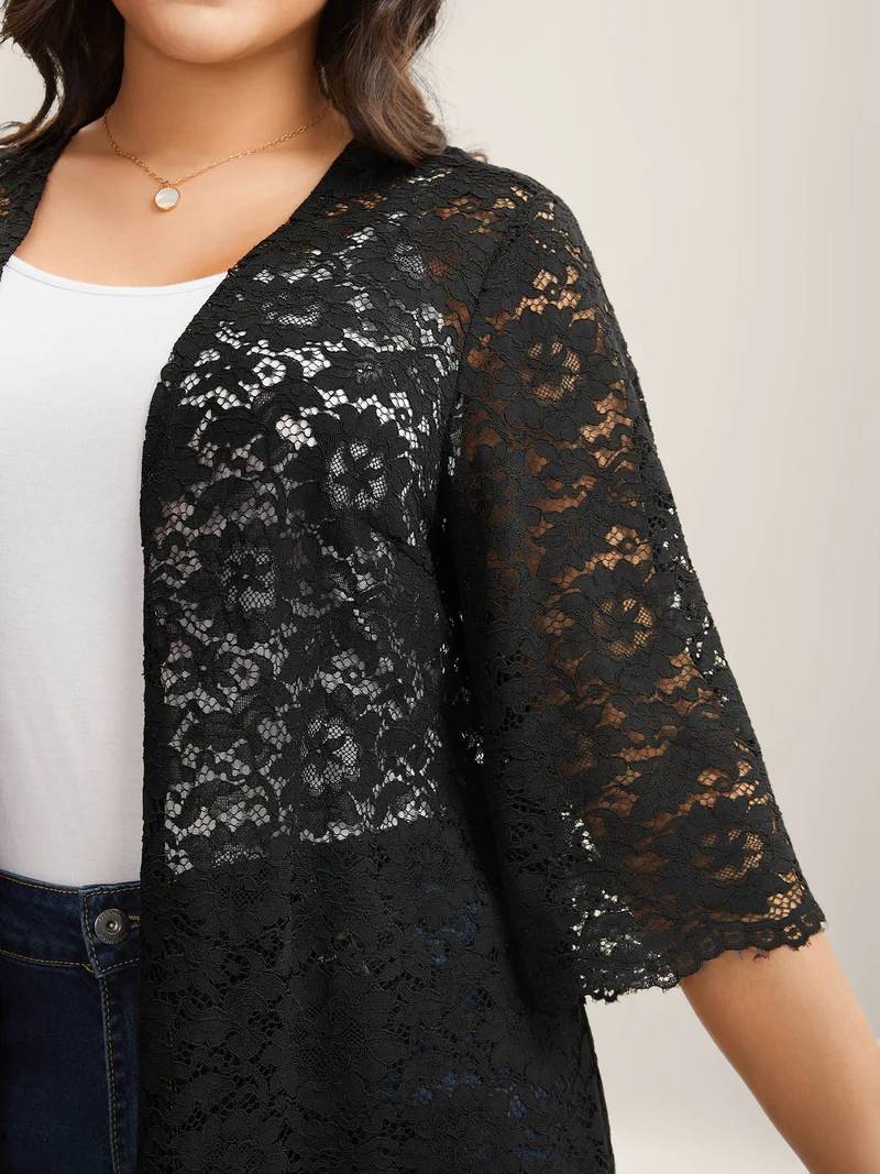 Lace Sheer Scalloped Hem Kimono