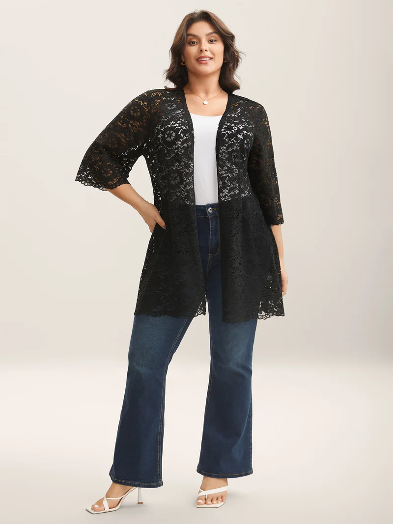 Lace Sheer Scalloped Hem Kimono